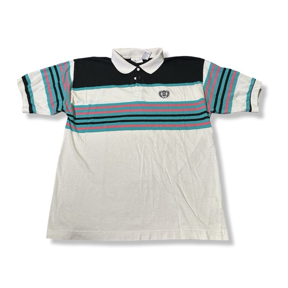 Givenchy Striped Color Block Polo Shirt Teal Pink Black White Crest Logo Size L
